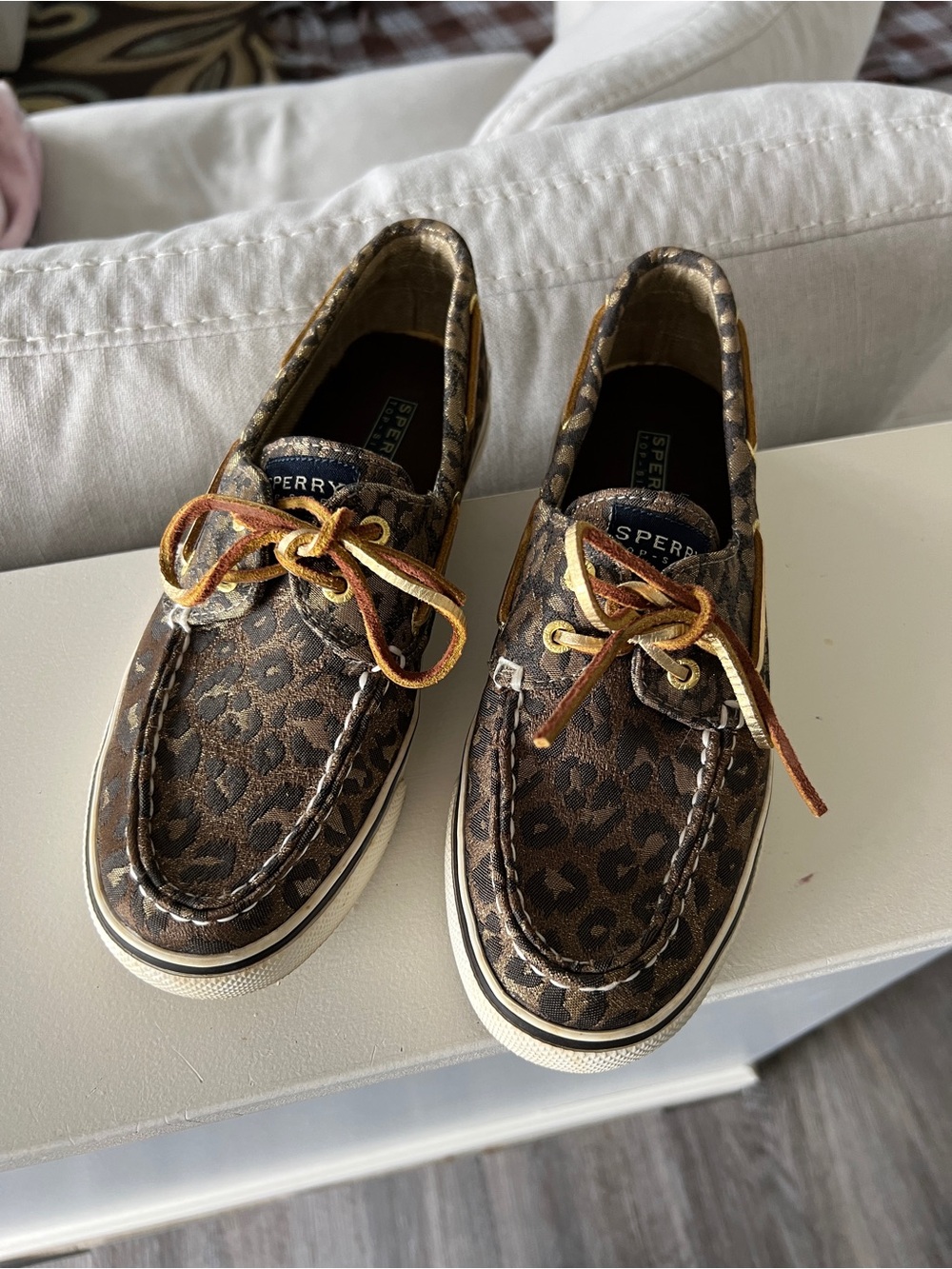 Sperry Leopard-Print Boat Shoes in Brown and Tan with Gold Accents